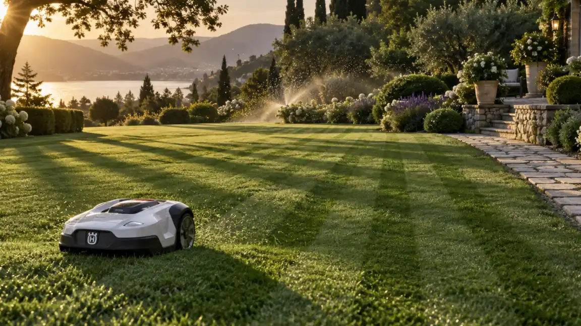 Robot rasaerba al lavoro su un grande prato con vista lago